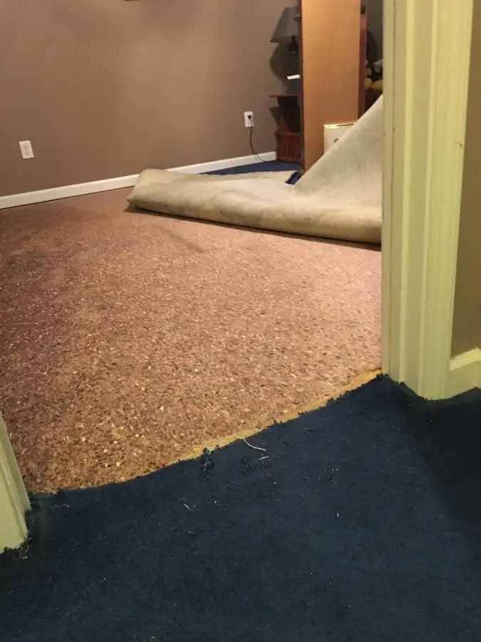 Carpet pad removal revealing water damage during Water Mitigation Services in Benton